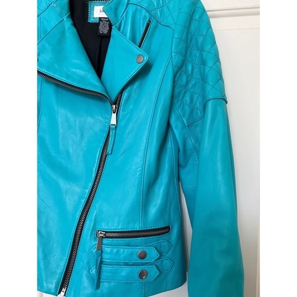 NEIMAN MARCUS COLLECTION TEAL BLUE LEATHER MOTO JACKET - SIZE M - Picture 4 of 9